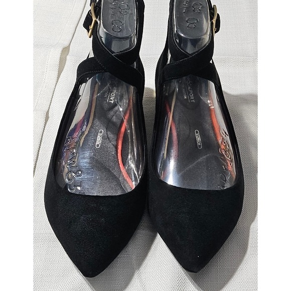 Rockport Adelyn Ankle Strap Black Suede Pointed Toe Block Heel Pumps Womens 8W - Picture 1 of 14